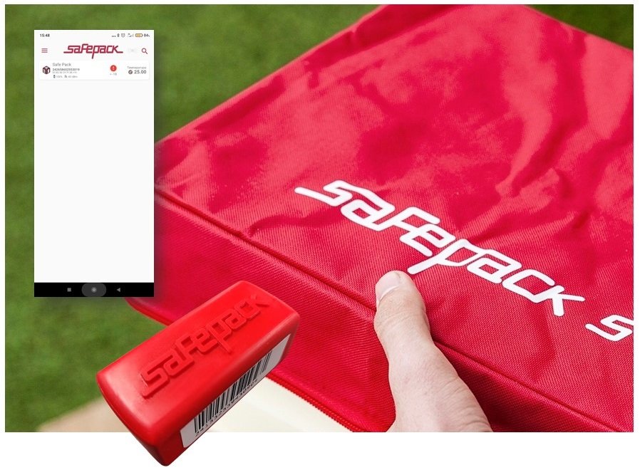 Скриншот с приложения Biocard на фоне термоконтейнера. Biocard - перевозки грузов с температурным режимом по РФ и миру